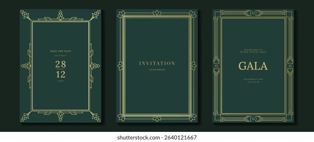 Luxury wedding invitation card background vector. Golden elegant gold wavy lines on green background. Premium design illustration for wedding and vip cover template, banner, poster.