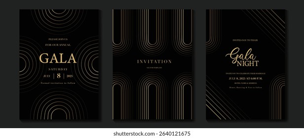 Luxury wedding invitation card background vector. Golden elegant gold wavy lines on dark background. Premium design illustration for wedding and vip cover template, banner, poster.
