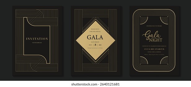 Luxury wedding invitation card background vector. Golden elegant gold wavy lines on dark background. Premium design illustration for wedding and vip cover template, banner, poster.