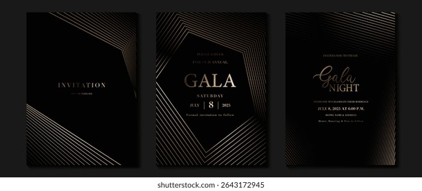 Luxury wedding invitation card background vector. Golden elegant gold wavy lines on dark background. Premium design illustration for wedding and vip cover template, banner, poster.