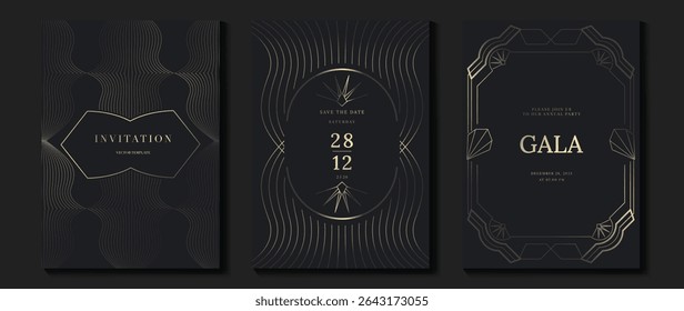 Luxury wedding invitation card background vector. Golden elegant gold wavy lines and frame on dark background. Premium design illustration for wedding and vip cover template, banner, poster.