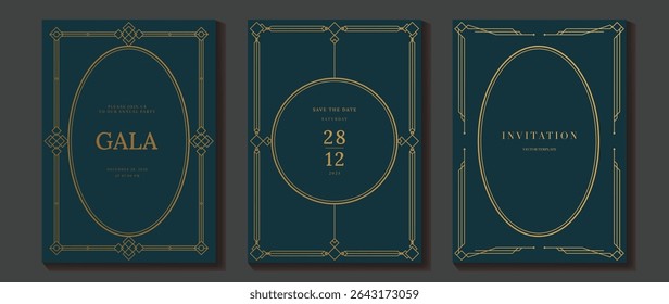 Luxury wedding invitation card background vector. Golden elegant gold frame on navy blue background. Premium design illustration for wedding and vip cover template, banner, poster.
