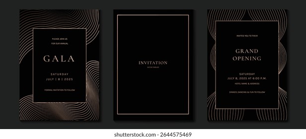 Luxury wedding invitation card background vector. Golden elegant gold wavy lines on dark background. Premium design illustration for wedding and vip cover template, banner, poster.