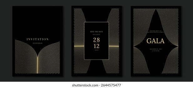 Luxury wedding invitation card background vector. Golden elegant gold wavy lines on dark background. Premium design illustration for wedding and vip cover template, banner, poster.