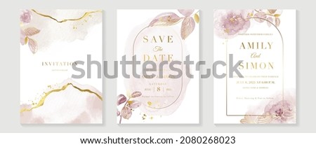 Luxury wedding invitation card background  with golden line art flower and botanical leaves, Organic shapes, Watercolor. Abstract art background vector design for wedding and vip cover template.