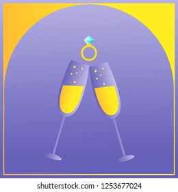 Luxury wedding invitation card with creative vector for Celebration event. Wallpaper with two transparent glasses of Champagne, wedding ring illustration