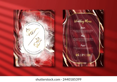 Luxury wedding invitation card with dark red alcohol ink painting background. Abstract marble texture for marriage celeberation template. Engagement card mockup