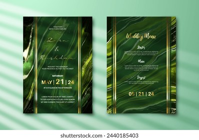 Luxury wedding invitation card with dark green alcohol ink painting background. Abstract marble texture for marriage celeberation template. Engagement card mockup