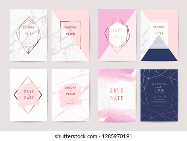 Luxury wedding invitation card design collection With Marble texture and  Rose gold ,indigo background Vector 