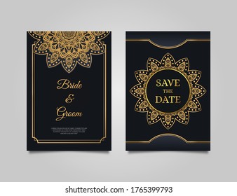 Luxury wedding invitation card design. Wedding invitation set with elegant black background. Cool invitation template with golden mandala ornament