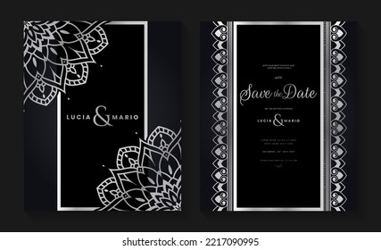 
Luxury wedding invitation card design with silver mandala and abstract pattern, Arabic Islamic east background style, Decorative ornamental mandala for print, poster, cover, flyer, and banner.