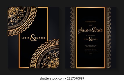 
Luxury wedding invitation card design with golden mandala and abstract pattern, Arabic Islamic east background style, Decorative ornamental mandala for print, poster, cover, flyer, and banner.