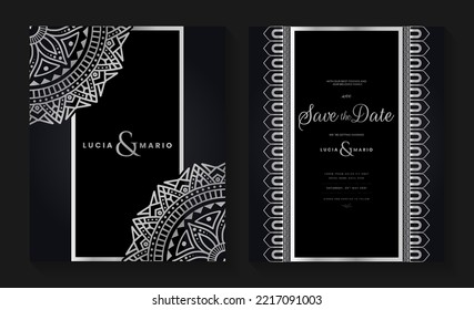 
Luxury wedding invitation card design with silver mandala and abstract pattern, Arabic Islamic east background style, Decorative ornamental mandala for print, poster, cover, flyer, and banner.