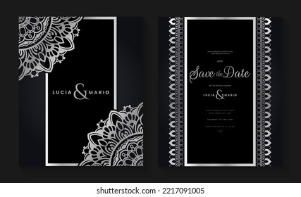 
Luxury wedding invitation card design with silver mandala and abstract pattern, Arabic Islamic east background style, Decorative ornamental mandala for print, poster, cover, flyer, and banner.