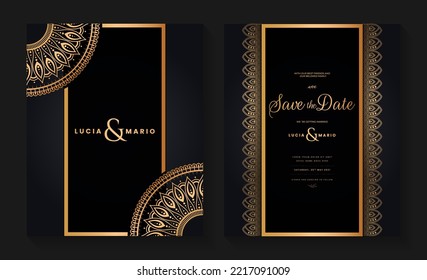 
Luxury wedding invitation card design with golden mandala and abstract pattern, Arabic Islamic east background style, Decorative ornamental mandala for print, poster, cover, flyer, and banner.