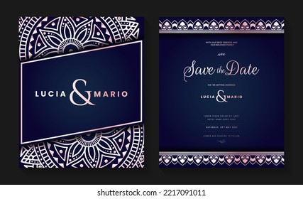 
Luxury wedding invitation card design with silver mandala and abstract pattern, Arabic Islamic east background style, Decorative ornamental mandala for print, poster, cover, flyer, and banner.