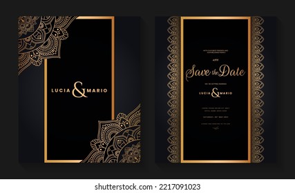 
Luxury wedding invitation card design with golden mandala and abstract pattern, Arabic Islamic east background style, Decorative ornamental mandala for print, poster, cover, flyer, and banner.