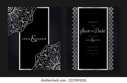 
Luxury wedding invitation card design with silver mandala and abstract pattern, Arabic Islamic east background style, Decorative ornamental mandala for print, poster, cover, flyer, and banner.