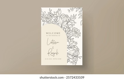 luxury wedding invitation card with elegant monoline floral