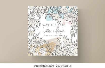 luxury wedding invitation card with elegant monoline floral