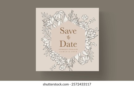 luxury wedding invitation card with elegant monoline floral