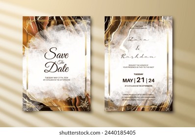 Luxury wedding invitation card with gold and brown watercolor painting background. Abstract marble texture for marriage celeberation template. Engagement card mockup. Beautiful cover design