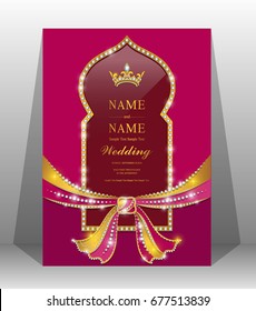 Luxury wedding invitation card with gold hindu wedding knot tied with man and woman dress patterned and gem diamond jewelry have glitter on paper color.