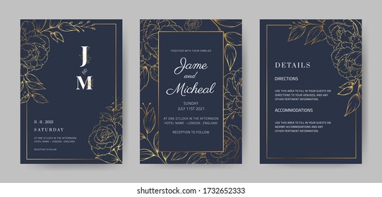  Luxury wedding invitation card with golden rose flowers.