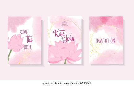 Luxury wedding invitation card with golden line and lotus flower. Watercolor flowers abstract background vector design for wedding cover template.