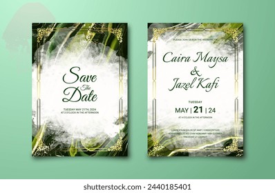 Luxury wedding invitation card with green watercolor painting background. Abstract marble texture for marriage celeberation template. Engagement card mockup. Beautiful cover design