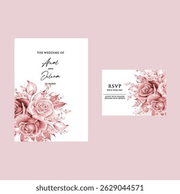 Modelo de rosa de convite de casamento de luxo. Cartão aquarela com linha de ouro arte, eucalipto, floral colorido, folhas. Modelo de vetor floral botânico elegante com fundo de flor de lírio. 