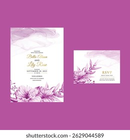 Luxury wedding invitation card rose template. Watercolor card with gold line art, eucalyptus, colorful floral, leaves. Elegant botanical Floral vector template with lily flower background. 