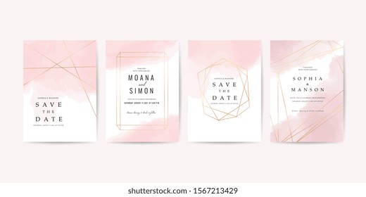 Luxury Wedding Invitation Card template with Minimal watercolour and  rose gold geometric frame decoration - Vector.