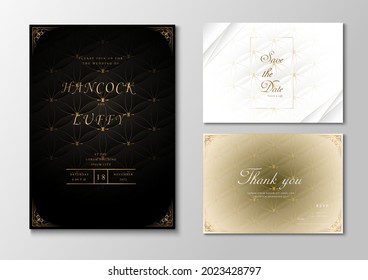  Luxury wedding invitation card template black, white and gold background elegant with geometric shape floral design. Vector illustration.Eps10