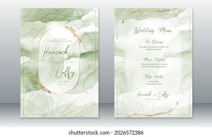  Luxury wedding invitation card template. Elegant of green marble texture with watercolor background and golden lines. Vector illustration.Eps10