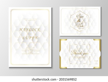     Luxury wedding invitation card template. Elegant of white background with geometric shape and golden frame 