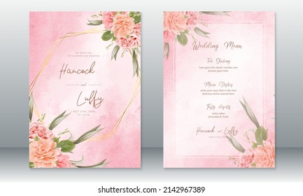 Luxury wedding invitation card template elegant of pink background with golden frame and rose bouquet