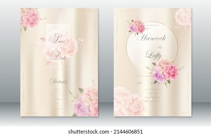 Luxury wedding invitation card template elegant background with golden frame and rose bouquet
