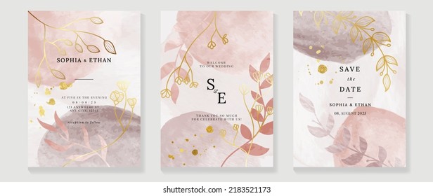 Plantilla de la tarjeta de invitación para bodas de lujo. Tarjeta acuarela con arte de línea dorada, color púrpura, hojas ramas, follaje. Elegante diseño de vector botánico otoñal adecuado para banner, cubierta, invitación.