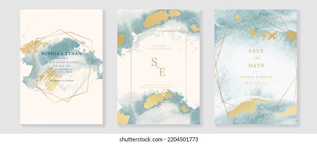 Luxury wedding invitation card template. Watercolor card with gold texture, blue color, golden foil, polygon frame. Elegant watercolor vector design suitable for banner, cover, invitation, flyer.