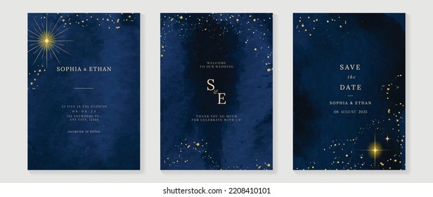 Luxury wedding invitation card template. Watercolor card with blue color, star, sparkle, gold brush, watercolor texture, foil. Elegant galaxy vector design suitable for banner, cover, invitation.