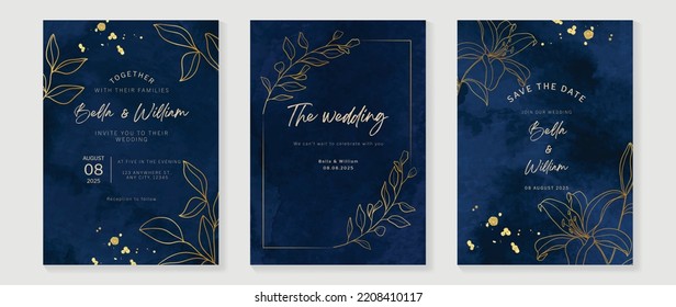 Luxury wedding invitation card template. Watercolor card with dark blue, leaf branch, lily flower, gold brush, foliage. Elegant gold botanical vector design suitable for banner, cover, invitation.