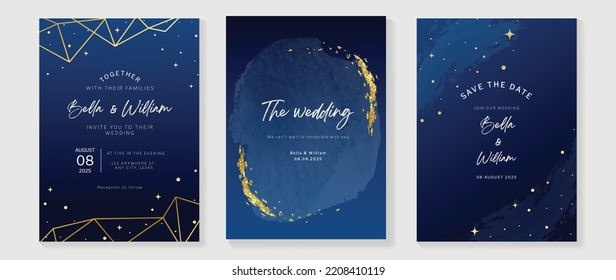 Luxury wedding invitation card template. Watercolor card with blue color, star, sparkle, gold brush, watercolor texture, frame. Elegant galaxy vector design suitable for banner, cover, invitation.