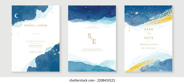 Luxury wedding invitation card template. Watercolor card with blue color, star, sparkle, gold brush, watercolor texture, foil. Elegant galaxy vector design suitable for banner, cover, invitation.