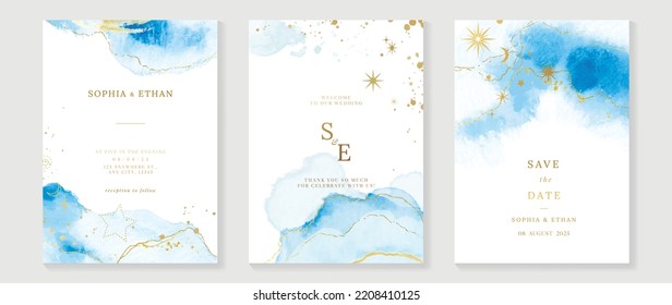 Plantilla de la tarjeta de invitación para bodas de lujo. Tarjeta acuarela de color azul, estrella, brillo, cepillo dorado, textura de mármol, luna. Elegante diseño vectorial galaxia adecuado para banner, cubierta, invitación.