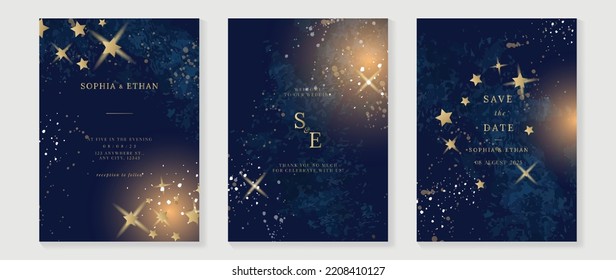 Luxury wedding invitation card template. Watercolor card with blue color, star, sparkle, watercolor texture, universe. Elegant shining galaxy vector design suitable for banner, cover, invitation.