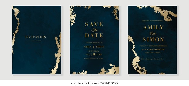 Luxury wedding invitation card template. Simple watercolor card with dark blue color, gold brush, watercolor texture, foil. Elegant golden vector design suitable for banner, cover, invitation.