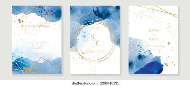 Luxury wedding invitation card template. Watercolor card with blue color, polygon frames, watercolor texture, gold brush. Elegant golden frame vector design suitable for banner, cover, invitation.