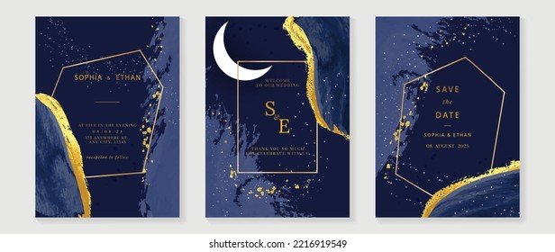 Luxury wedding invitation card template. Watercolor card with dark blue, sparkle, gold brush, moon, galaxy, watercolor texture. Elegant golden vector design suitable for banner, cover, invitation.