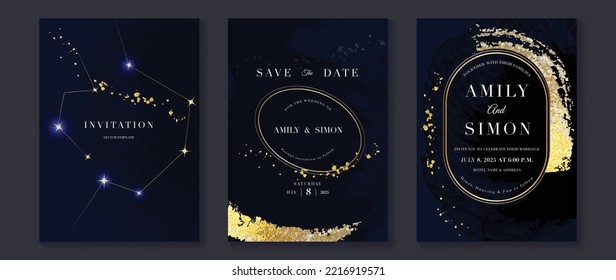 Luxury wedding invitation card template. Watercolor card with constellations, stars, space, galaxy, glitter, gold brush texture. Elegant golden vector design suitable for banner, cover, invitation.